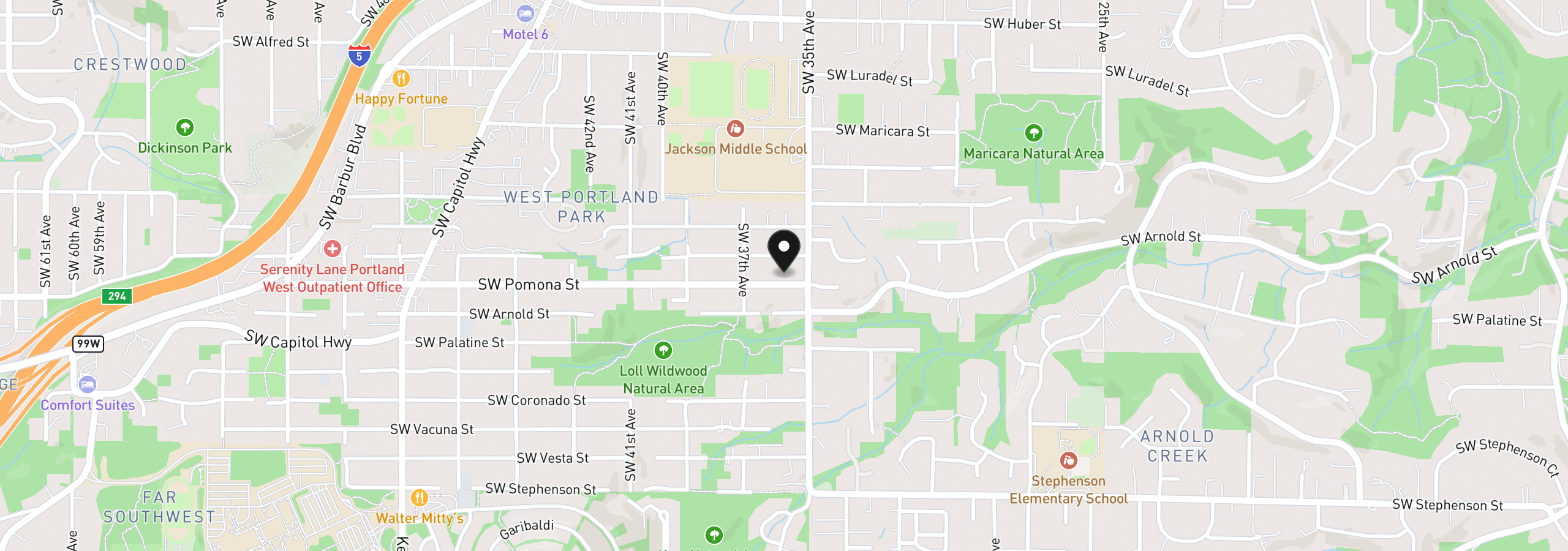 Map showing the location of 3525 SW Pomona St, Portland, OR 97219