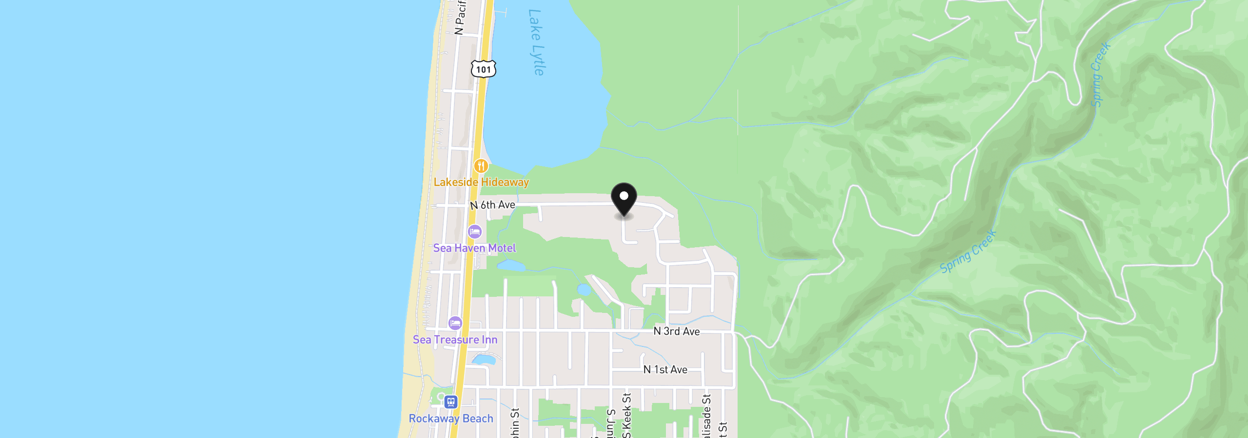 Map showing the location of 900 N Juniper St, Rockaway Beach, OR 97136