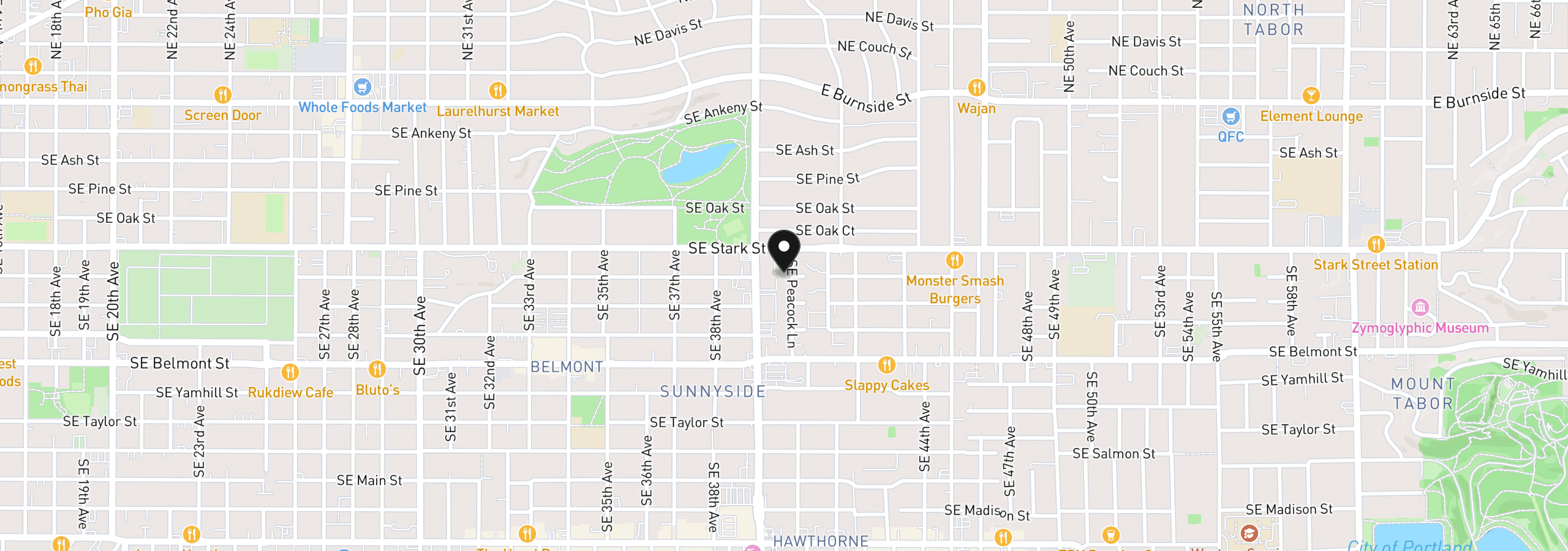 Map showing the location of 545 SE Peacock Ln, Portland, OR 97214