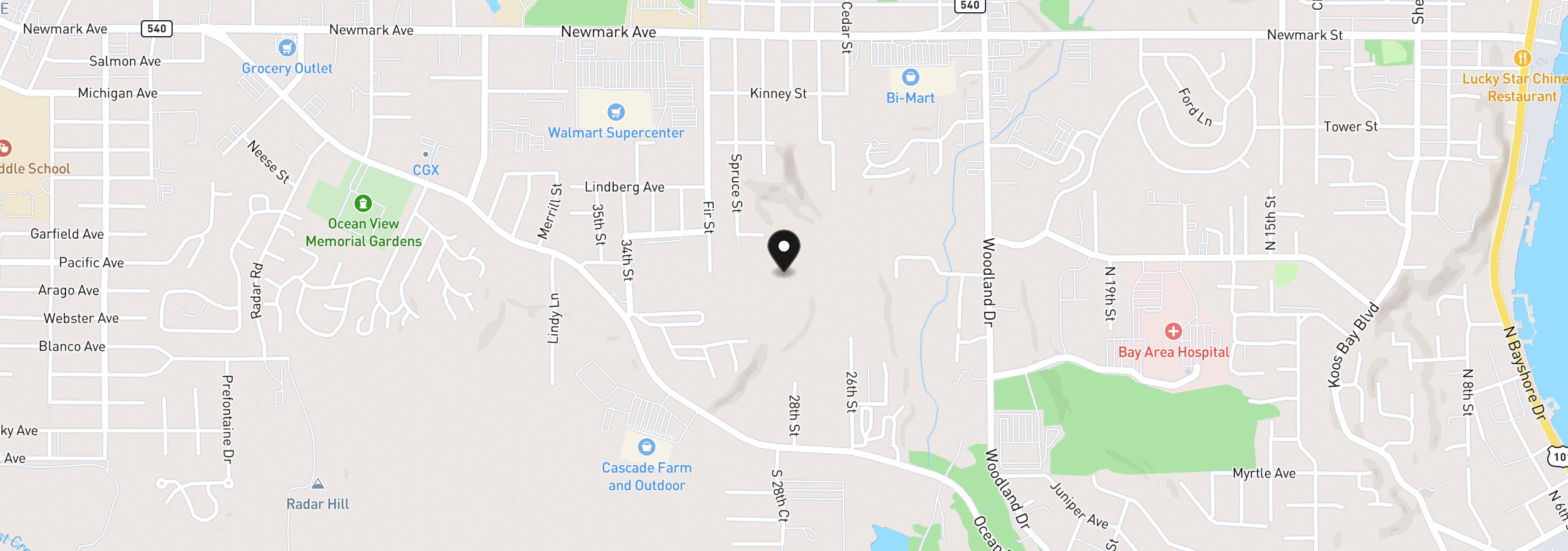 Map showing the location of 0 Oak St, North Bend, OR 97459