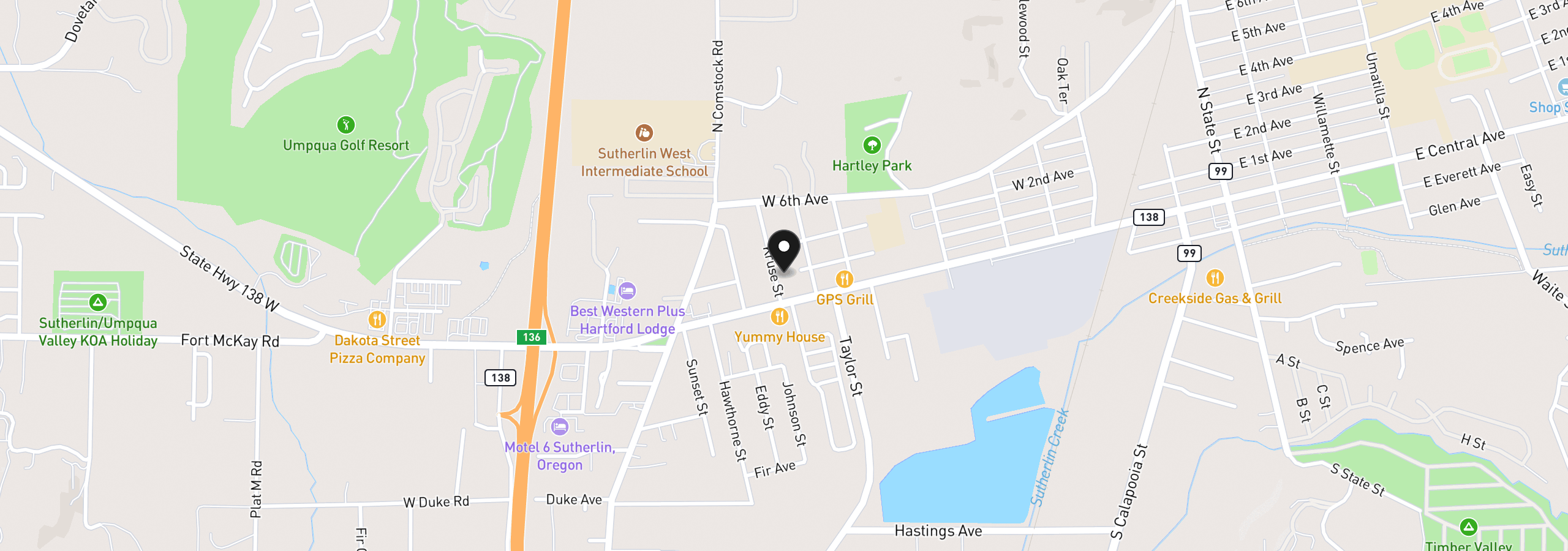 Map showing the location of 162 Kruse St, Sutherlin, OR 97479