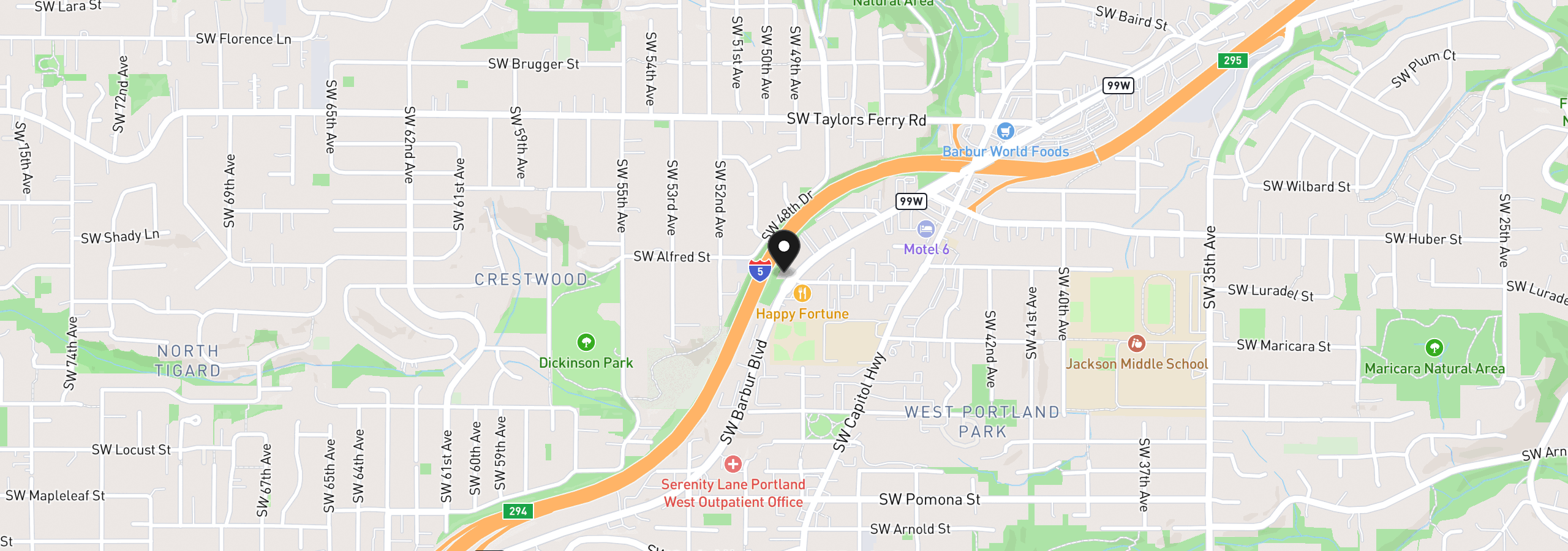 Map showing the location of 10411 SW Barbur Blvd, Portland, OR 97219