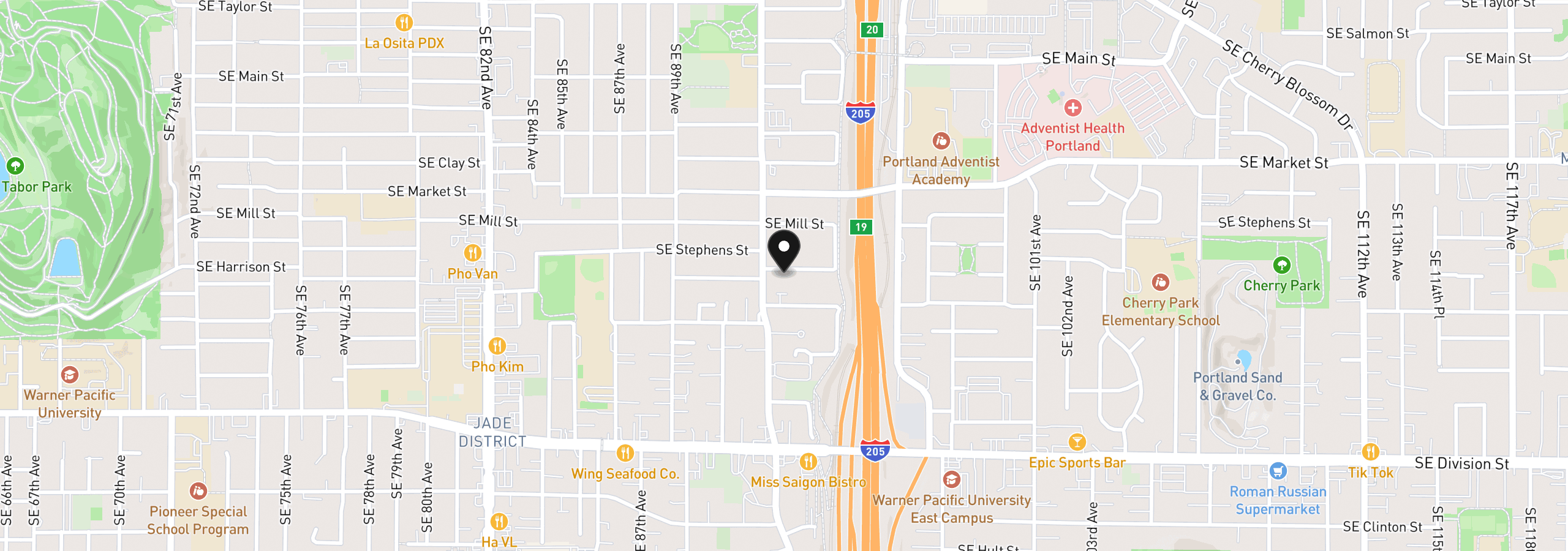 Map showing the location of 9232 SE Harrison St, Portland, OR 97216