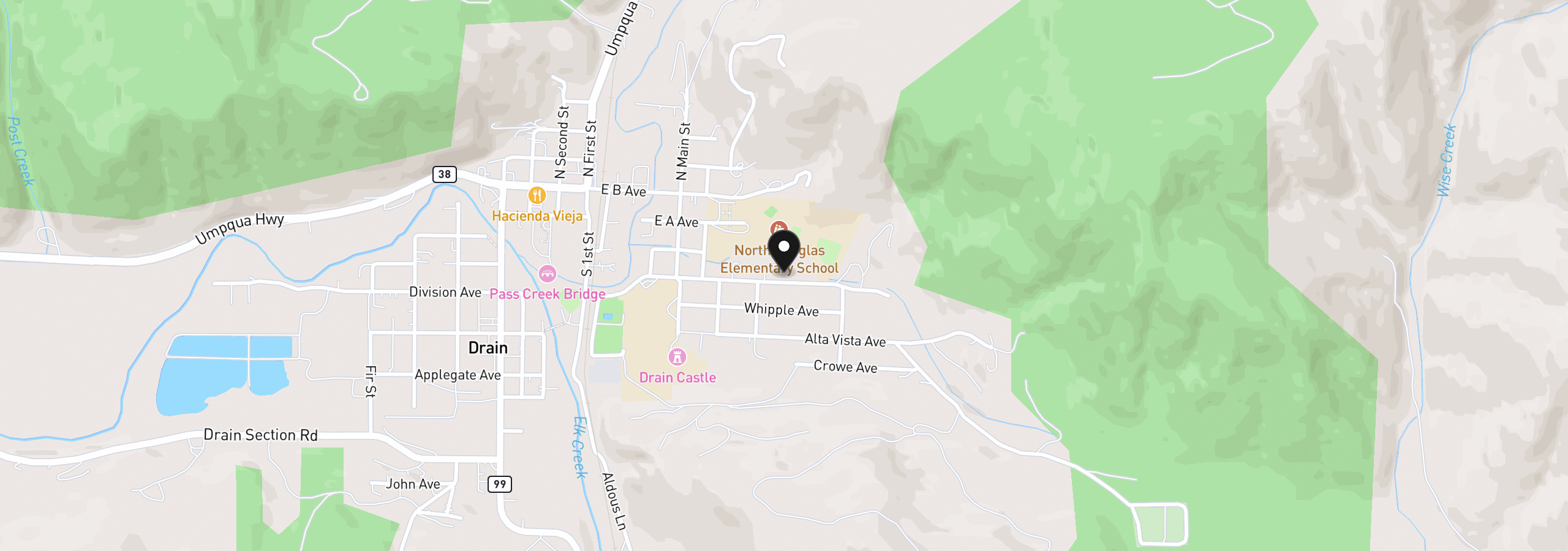 Map showing the location of 450 Moreland Ave, Drain, OR 97435