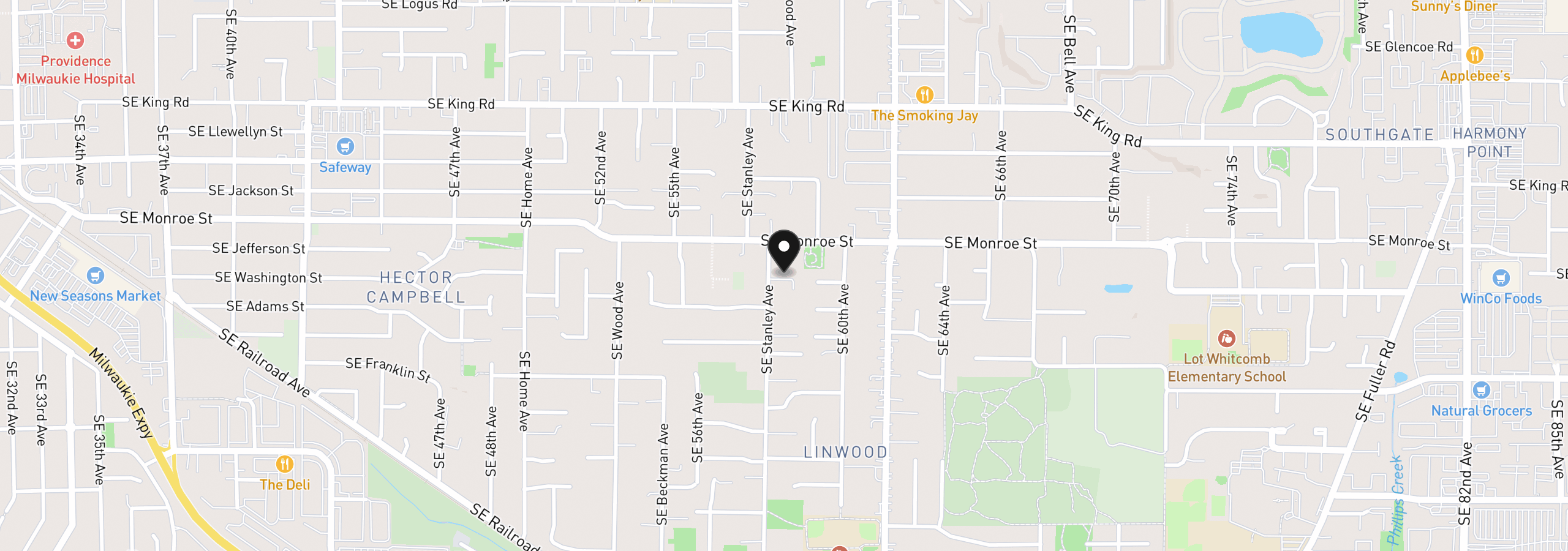 Map showing the location of 10980 SE Stanley Ave, Milwaukie, OR 97222