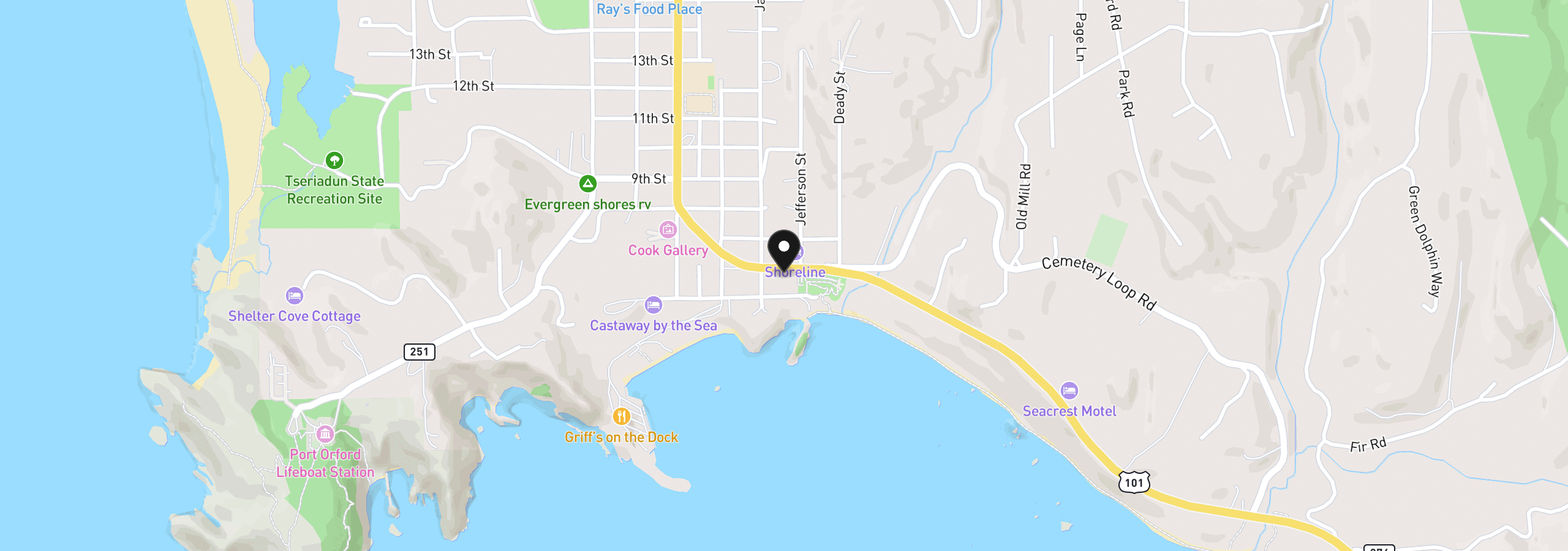 Map showing the location of 267 6th St, Port Orford, OR 97465