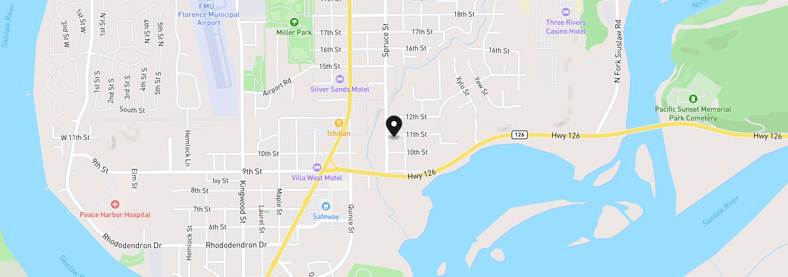 Map showing the location of 2040 11th St, Florence, OR 97439