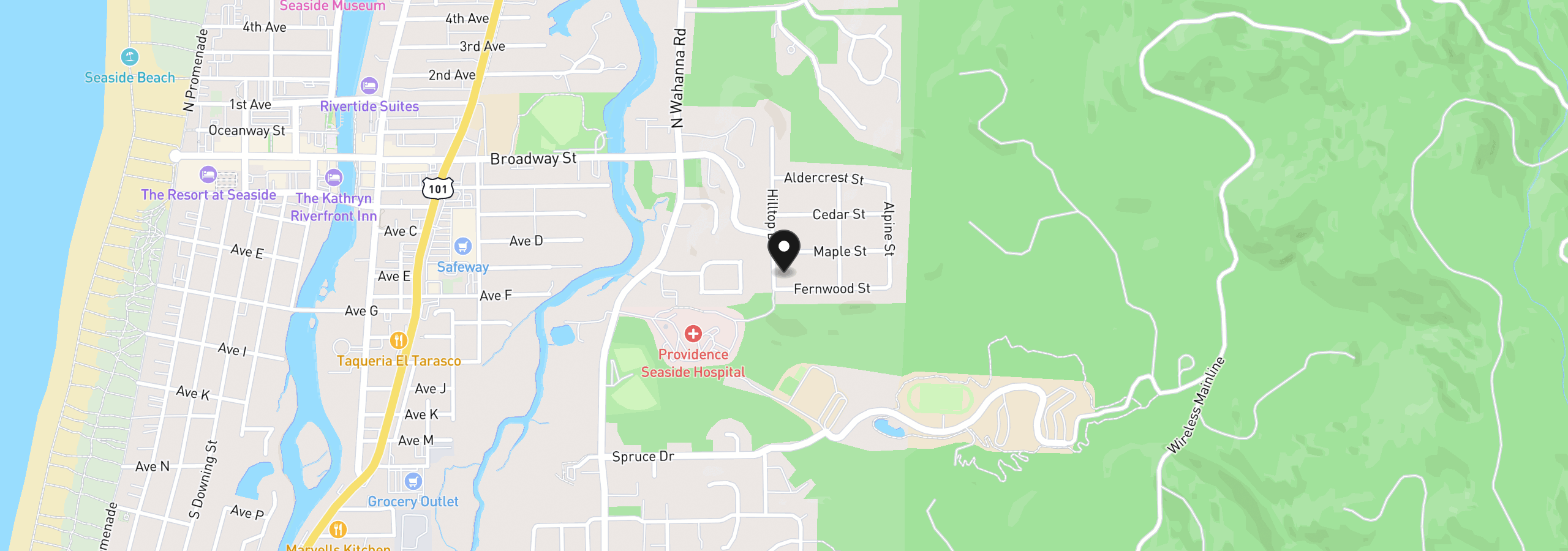 Map showing the location of 361 Hilltop Dr, Seaside, OR 97138