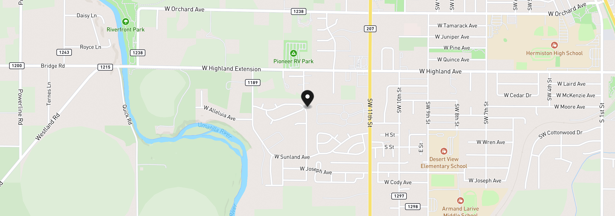 Map showing the location of 1448 SW Riverhill Dr, Hermiston, OR 97838