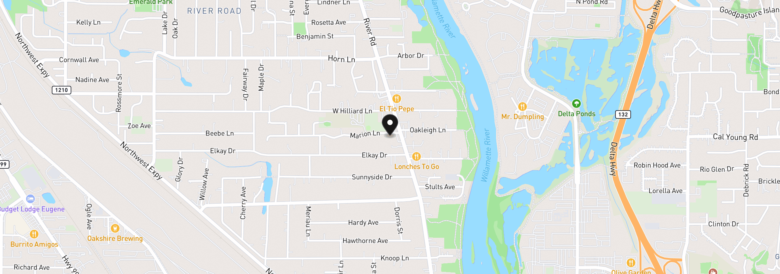 Map showing the location of 32 Marion Ln, Eugene, OR 97404