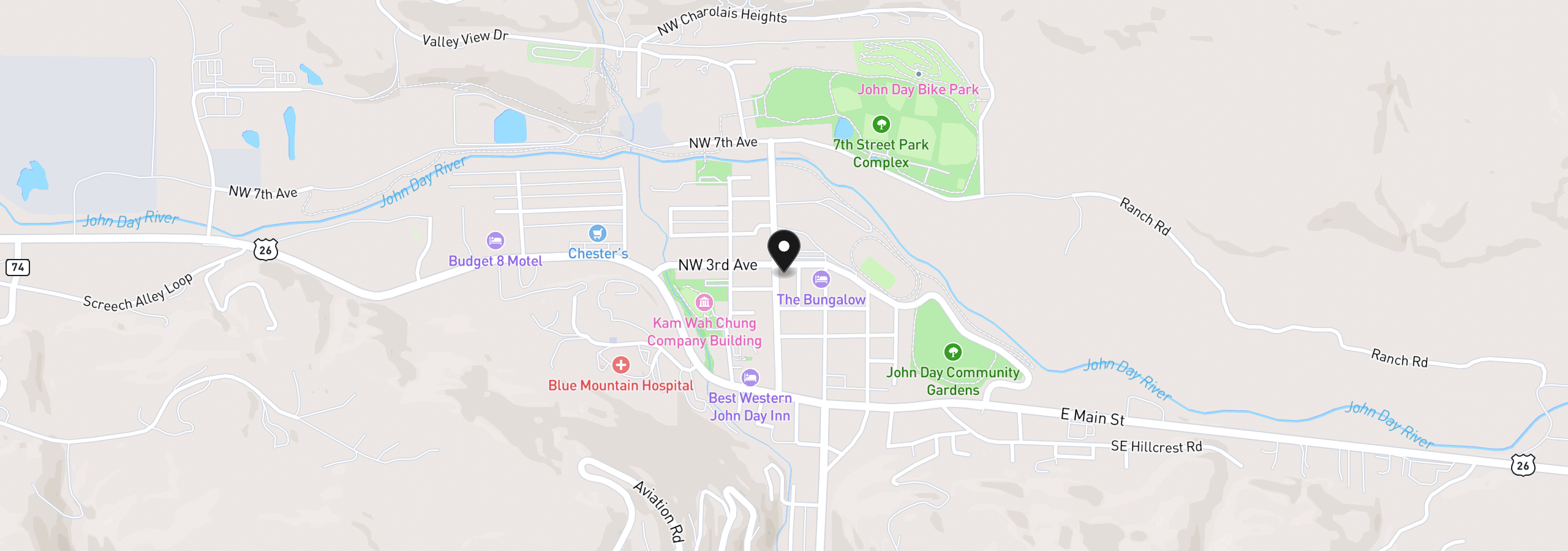 Map showing the location of 311 NW Bridge St, John Day, OR 97845