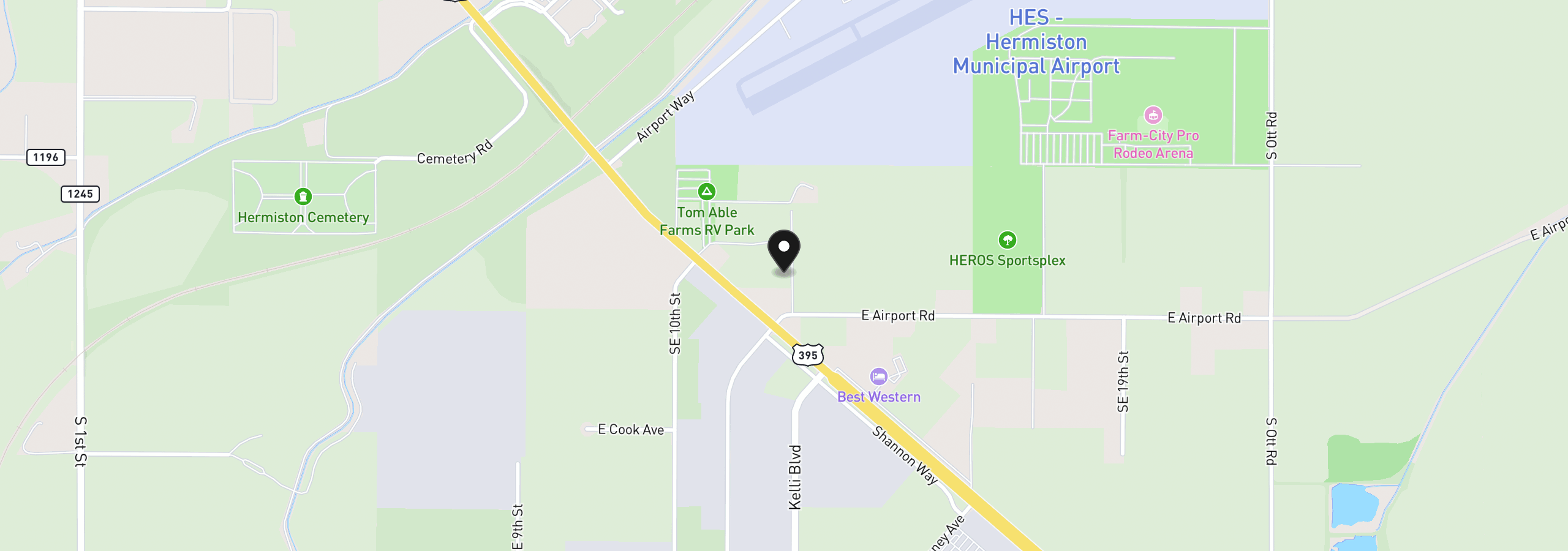 Map showing the location of E Airport Rd, Hermiston, OR 97838
