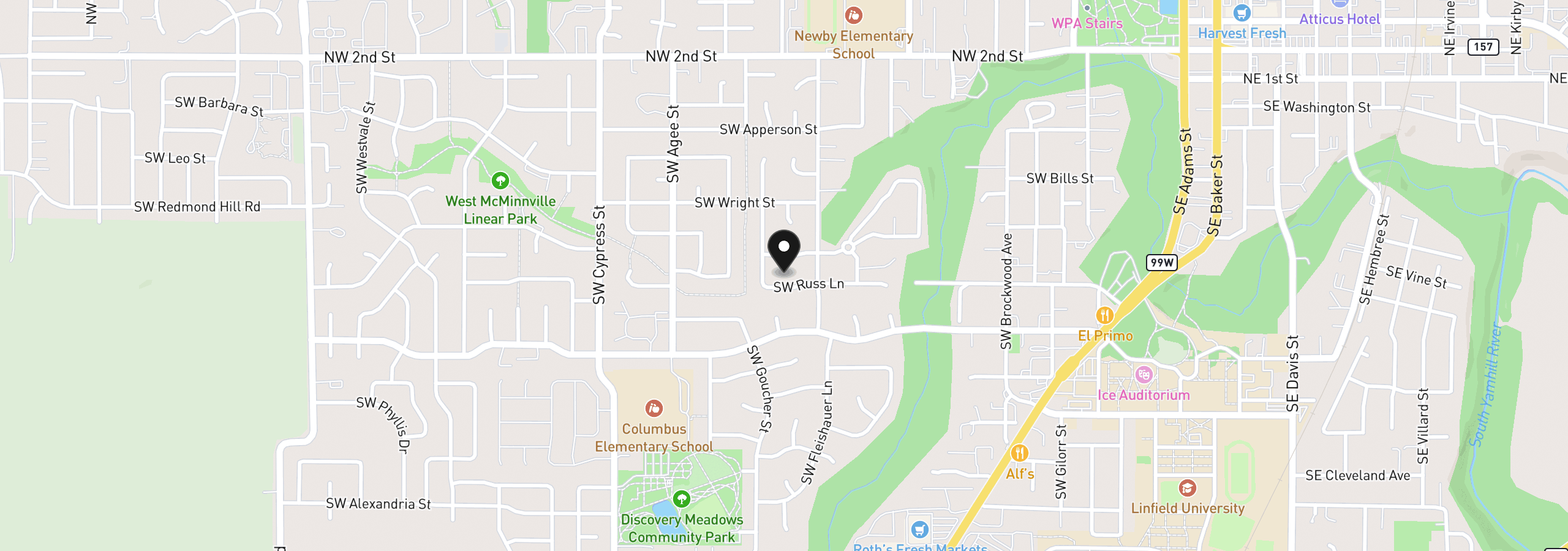 Map showing the location of 1355 SW Russ Ln, McMinnville, OR 97128