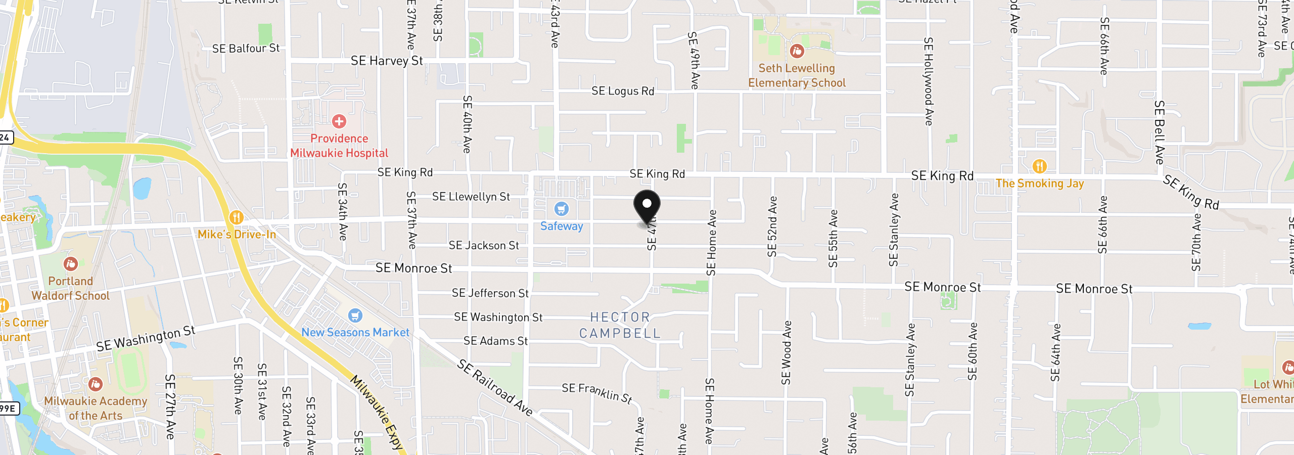 Map showing the location of 4688 SE Harrison St, Milwaukie, OR 97222