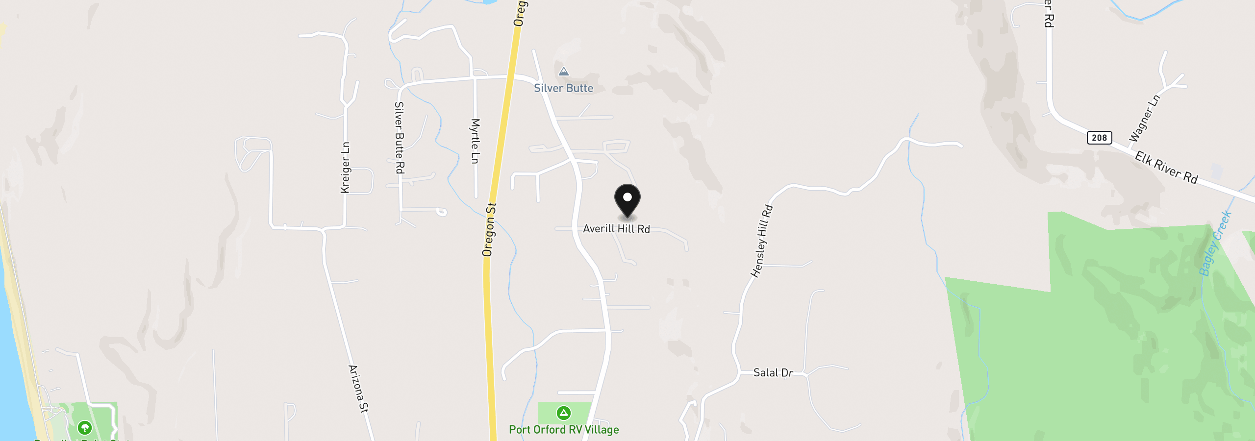 Map showing the location of 92867 Averill Hill Rd, Port Orford, OR 97465