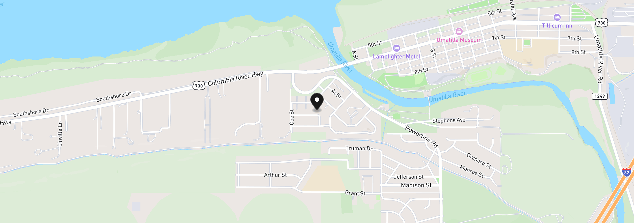 Map showing the location of 253 Merrick Ave, Umatilla, OR 97882