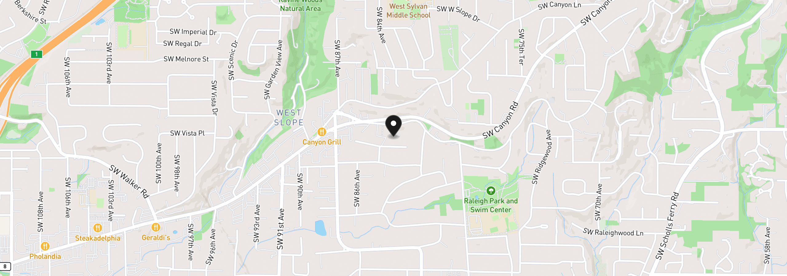 Map showing the location of 3089 SW 84th Pl, Portland, OR 97225
