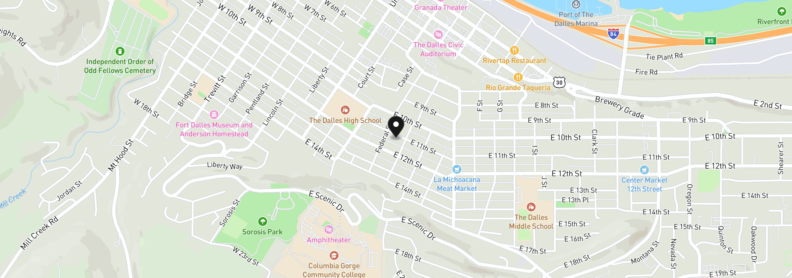 Map showing the location of 412 E 11th St, The Dalles, OR 97058
