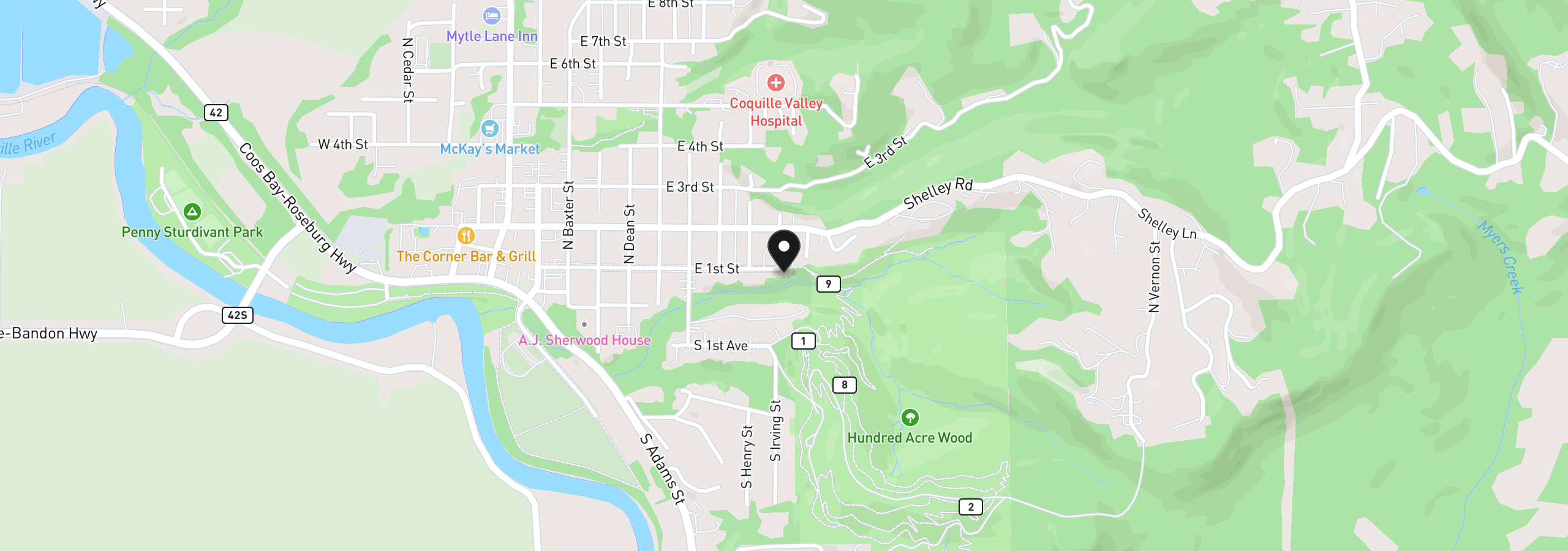 Map showing the location of 905 E 1st St, Coquille, OR 97423