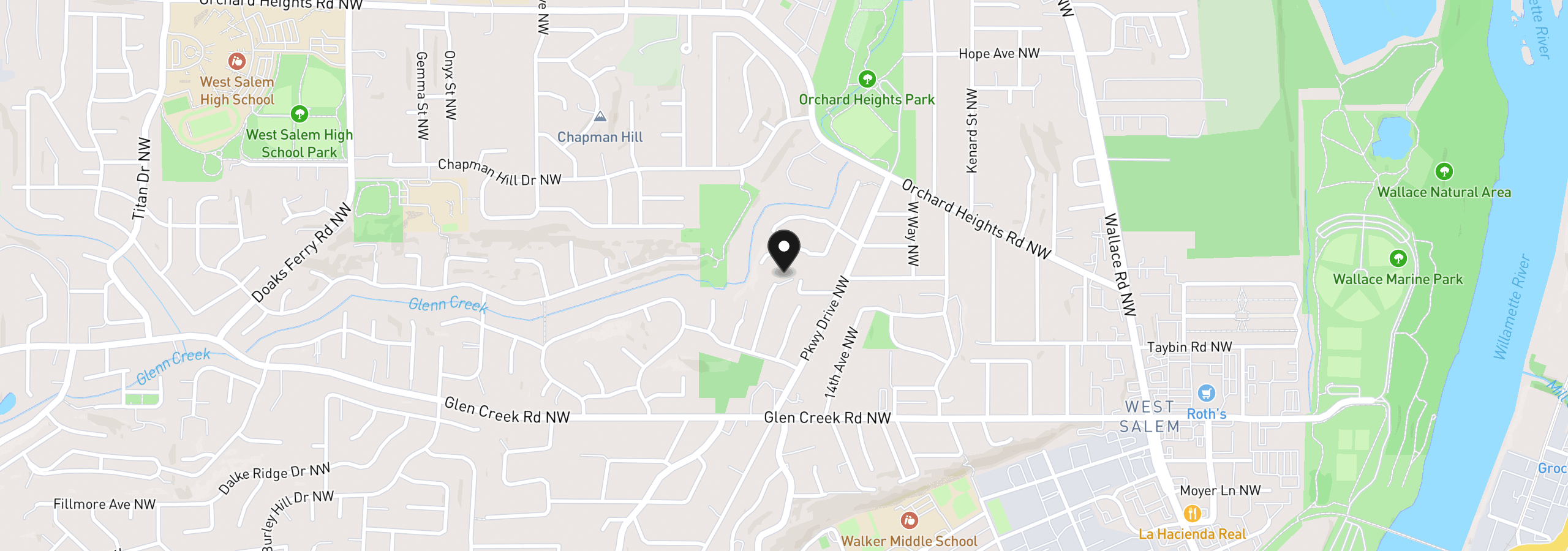 Map showing the location of 1298 Barnabas St NW, Salem, OR 97304