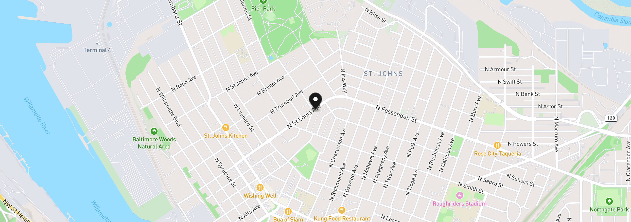 Map showing the location of 9408 N Saint Louis Ave, Portland, OR 97203