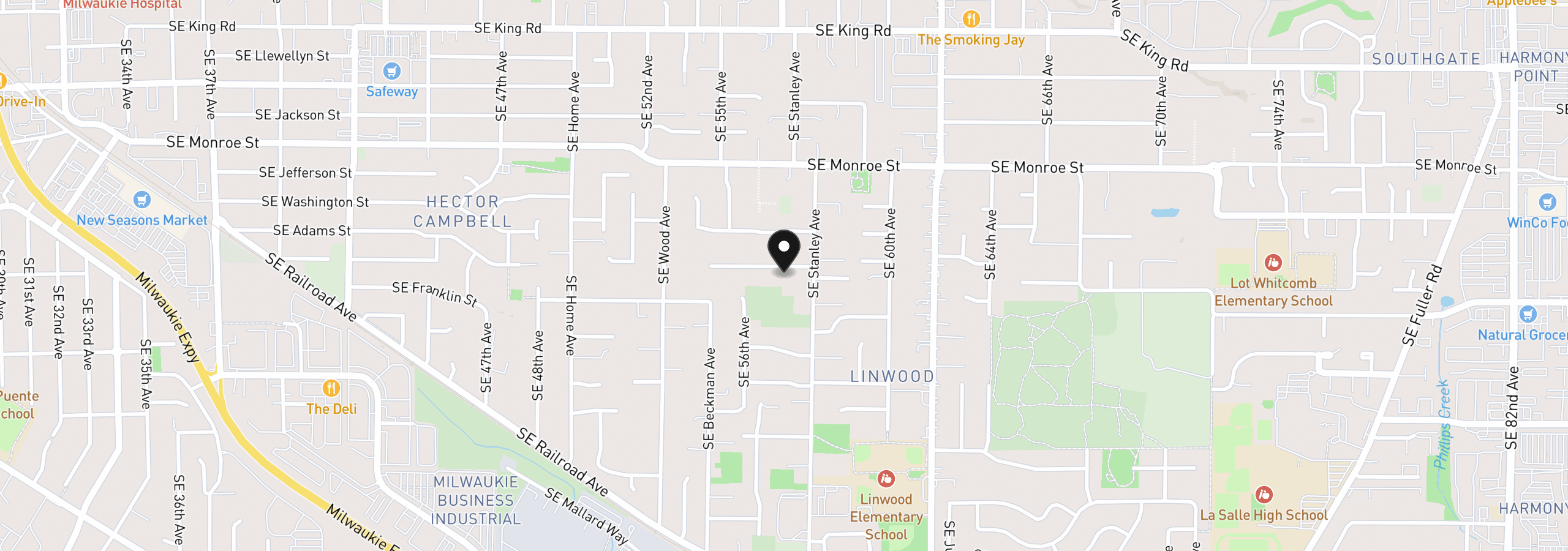 Map showing the location of 5722 SE Harlene St, Milwaukie, OR 97222