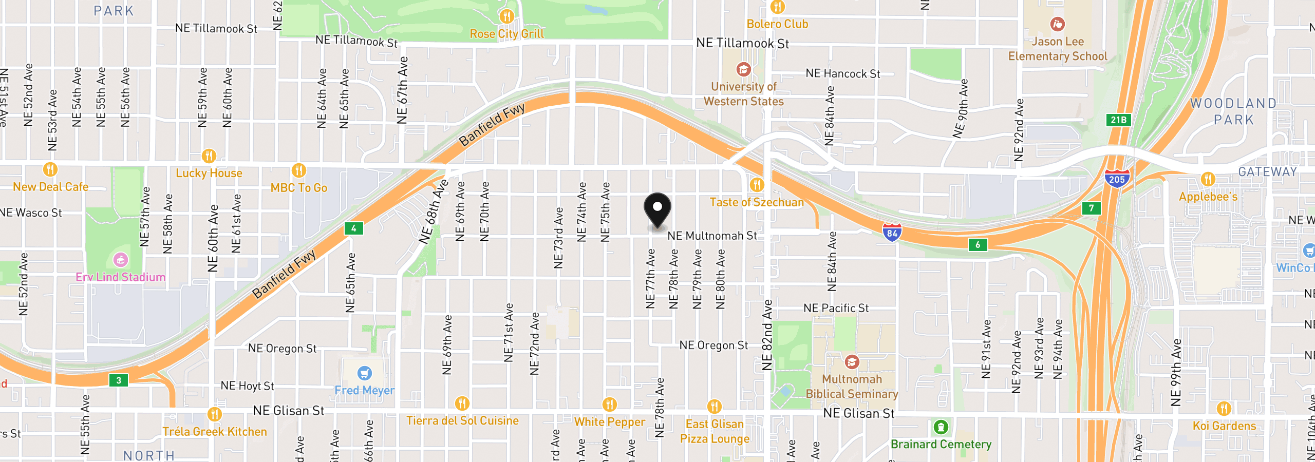 Map showing the location of 1206 NE 77th Ave, Portland, OR 97213