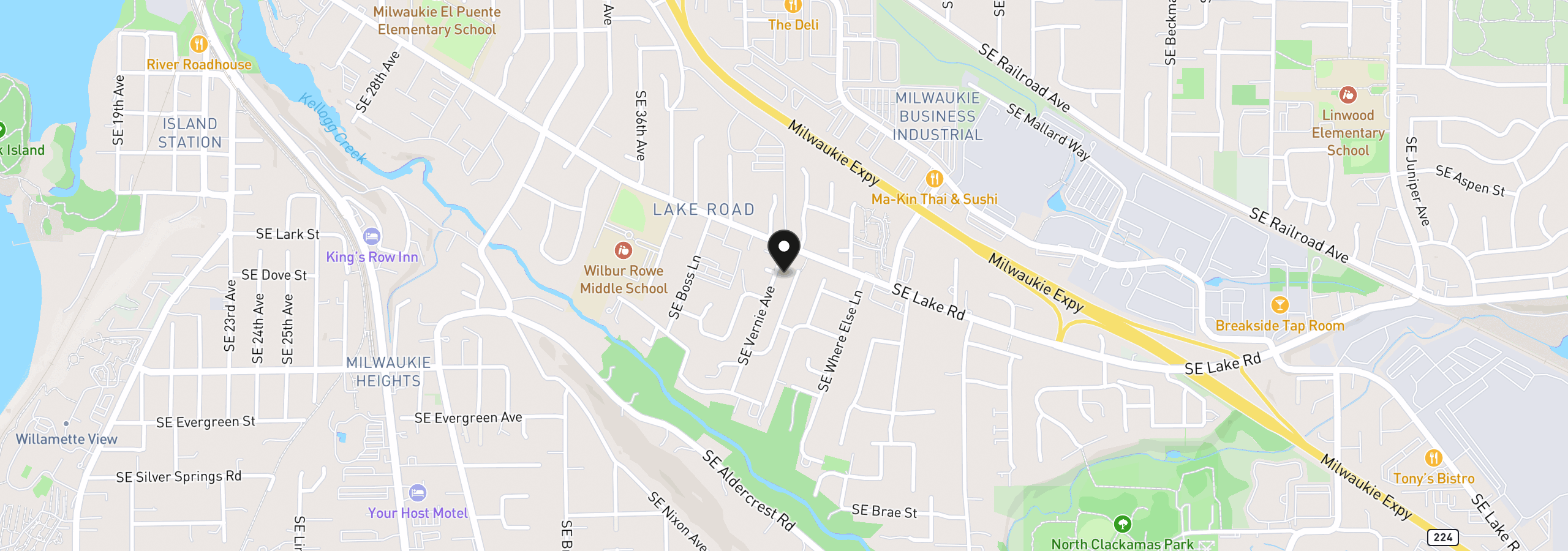 Map showing the location of 12584 SE Vernie Ave, Milwaukie, OR 97222