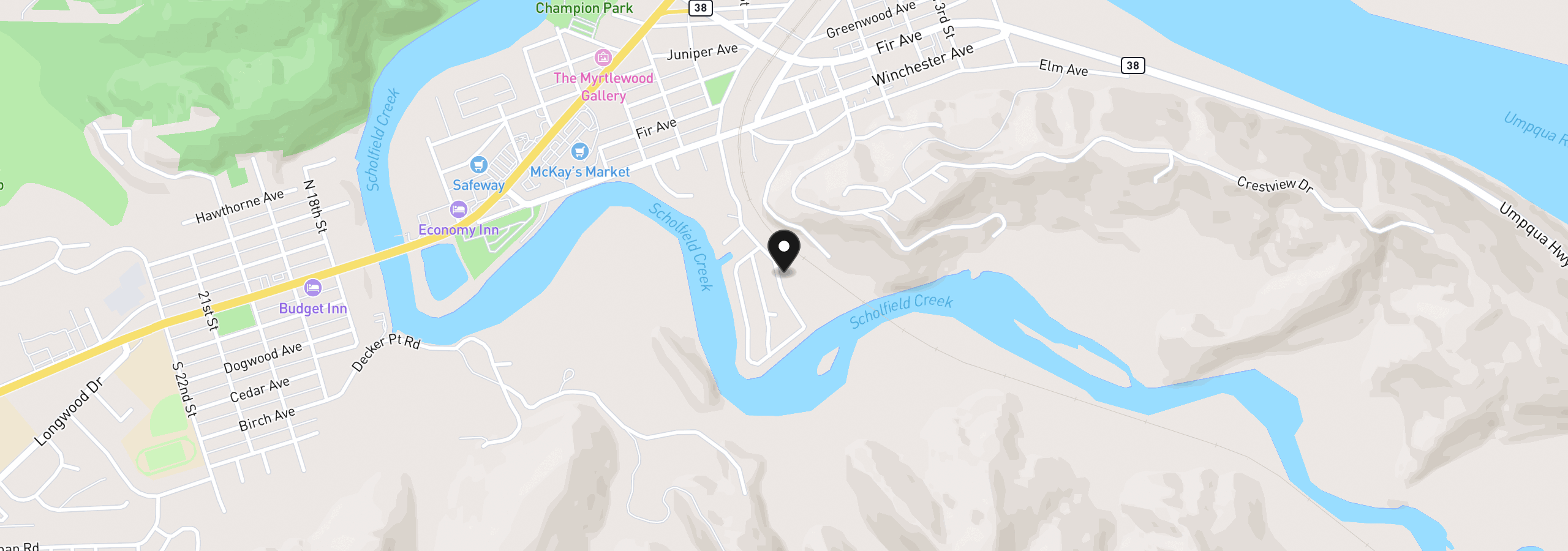 Map showing the location of 100 River Bend Rd 74, Reedsport, OR 97467