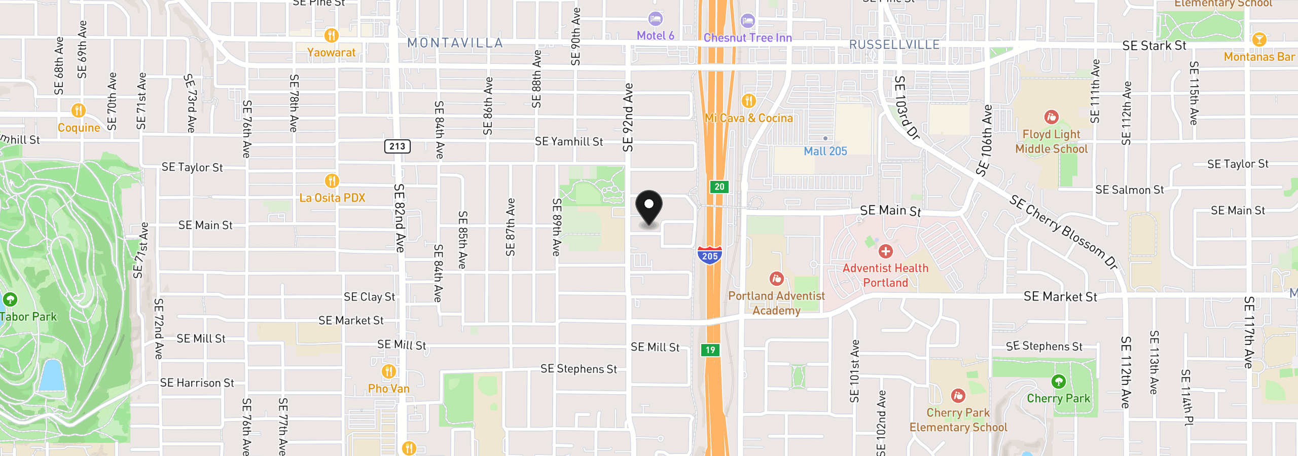 Map showing the location of 9241 SE Main St, Portland, OR 97216