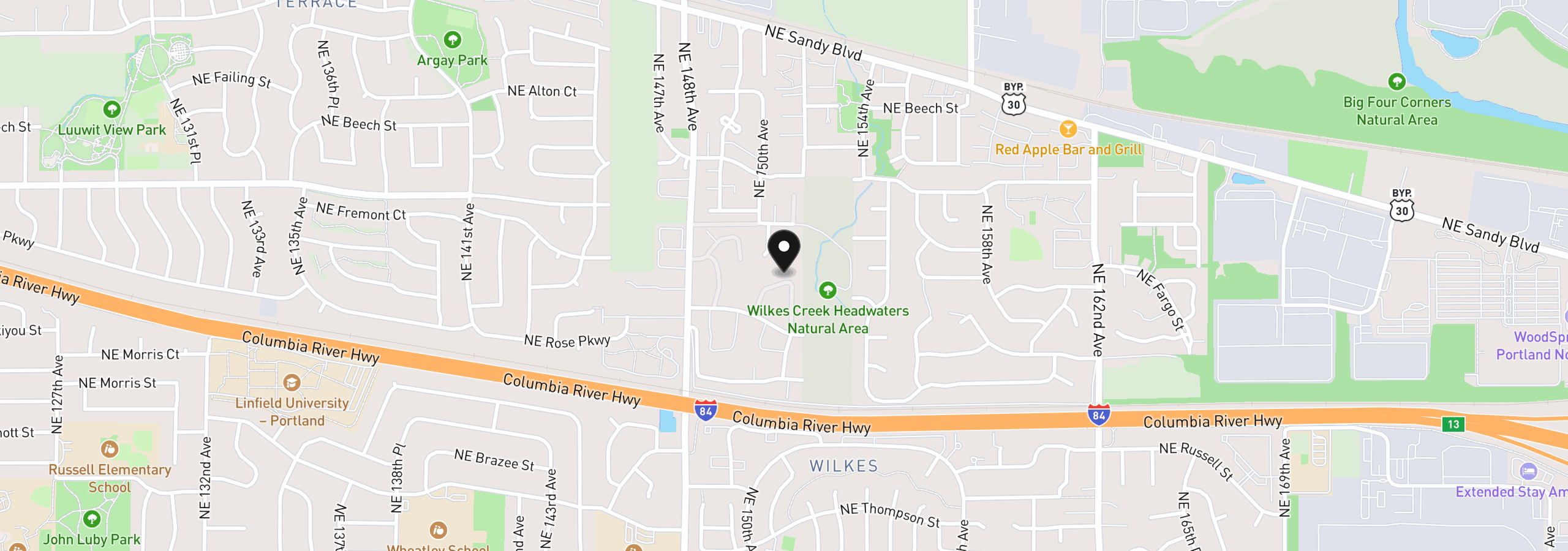 Map showing the location of 15031 NE Rose Pkwy, Portland, OR 97230