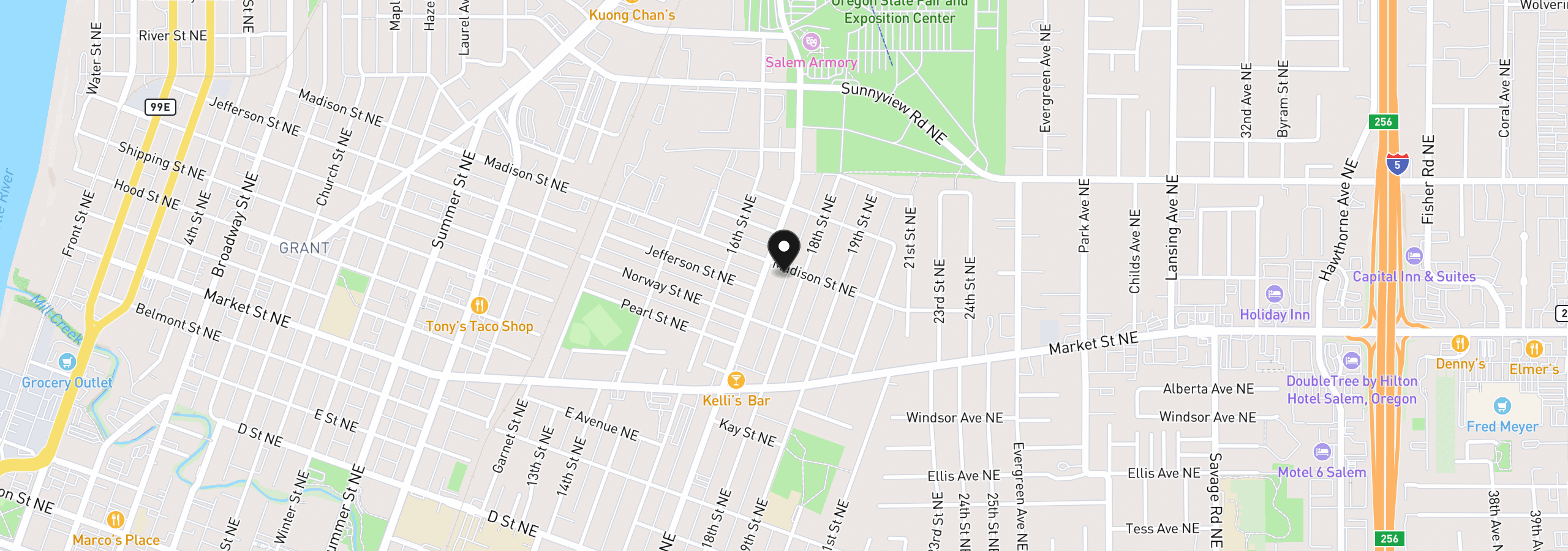 Map showing the location of 1750 Madison St NE, Salem, OR 97301