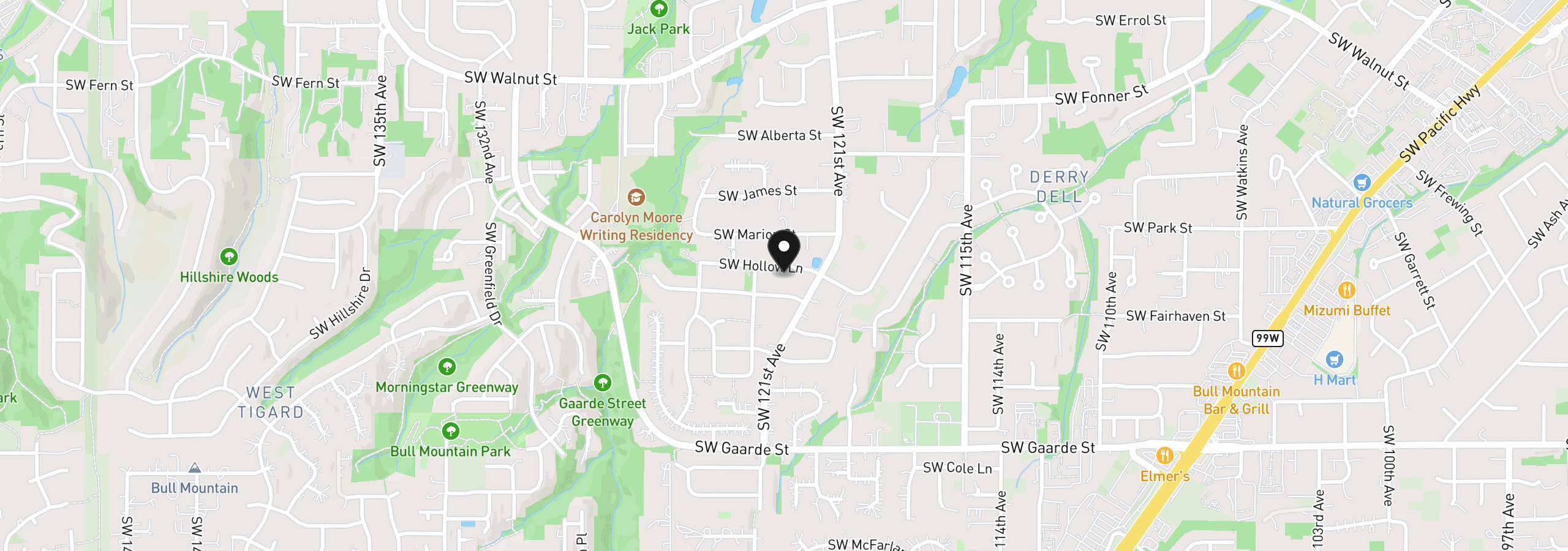 Map showing the location of 12190 SW Hollow Ln, Tigard, OR 97140