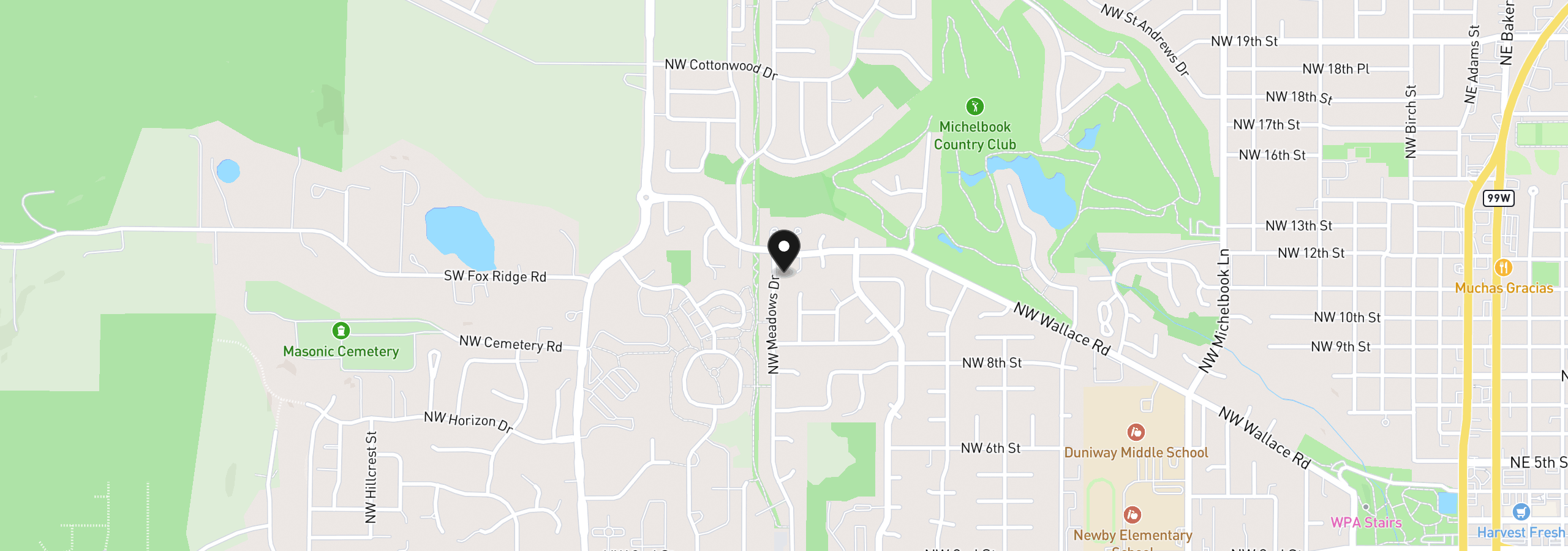 Map showing the location of 1250 NW Meadows Dr, McMinnville, OR 97128