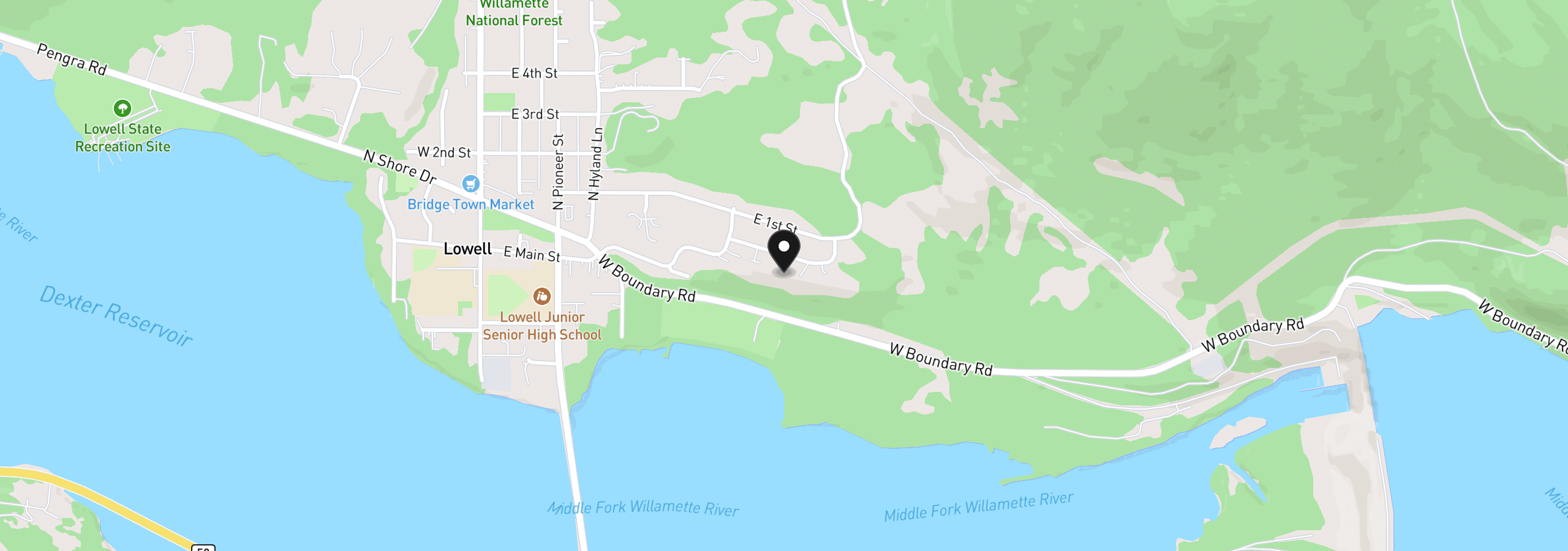 Map showing the location of 580 Sunridge Ln, Lowell, OR 97452