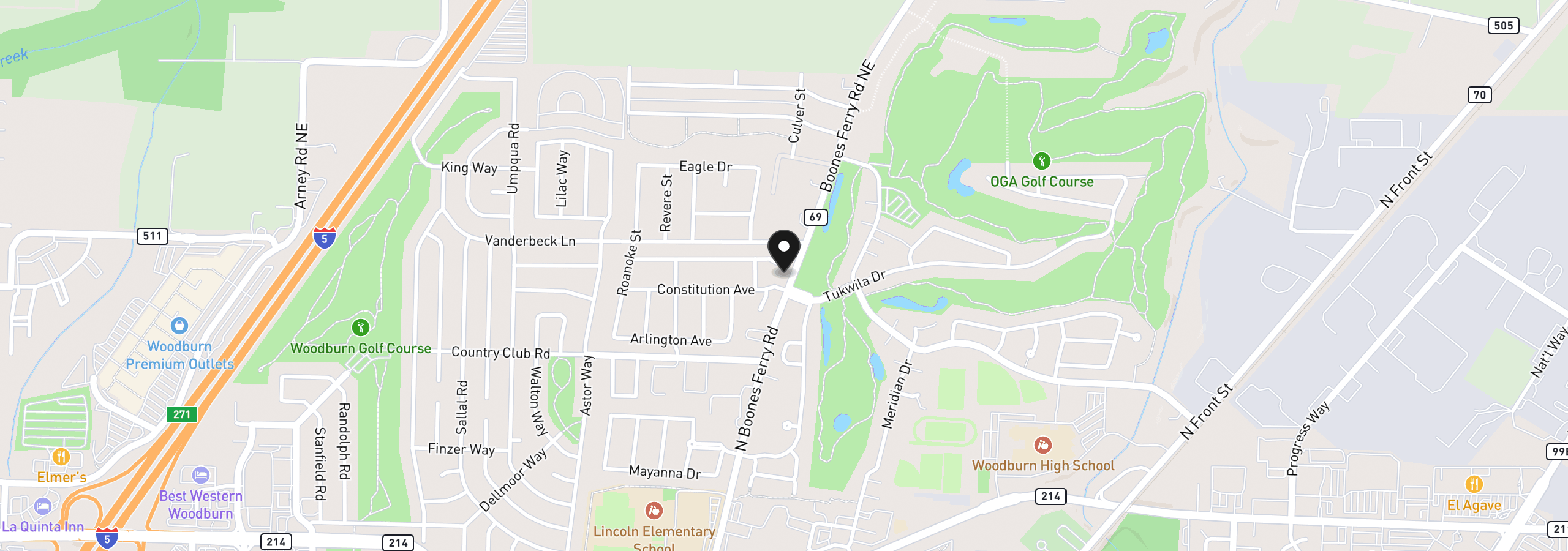 Map showing the location of 1208 Independence Ct, Woodburn, OR 97071