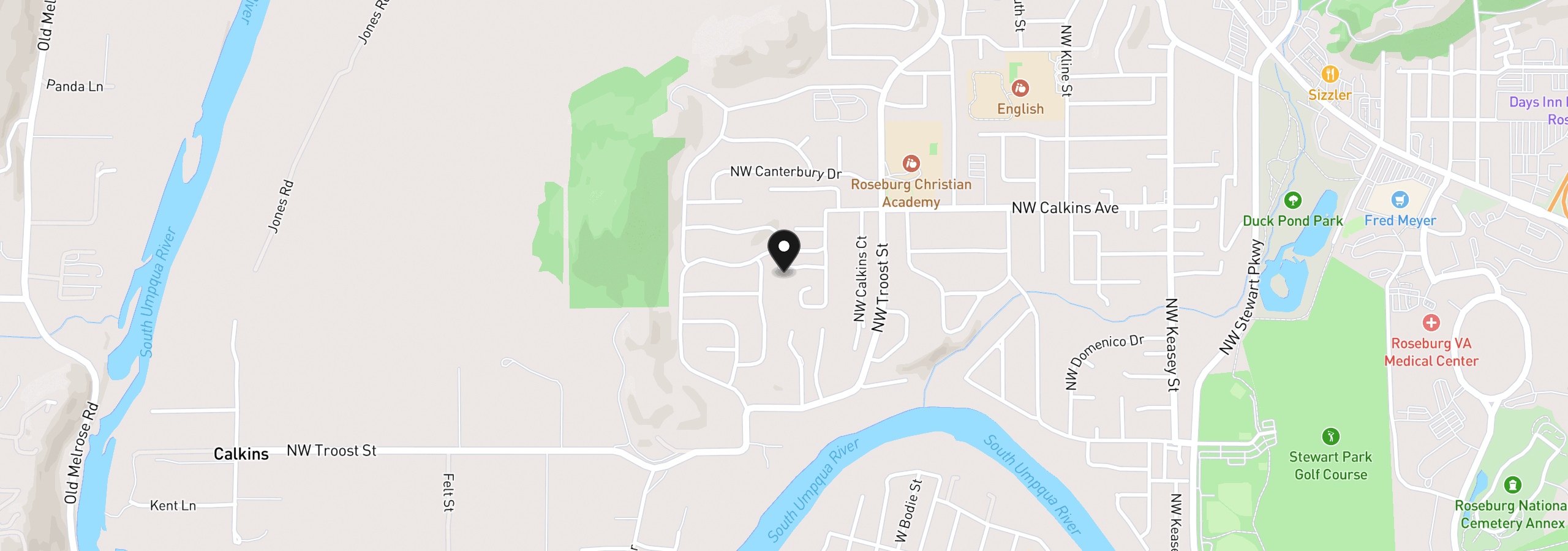 Map showing the location of 1420 NW Grove St, Roseburg, OR 97471