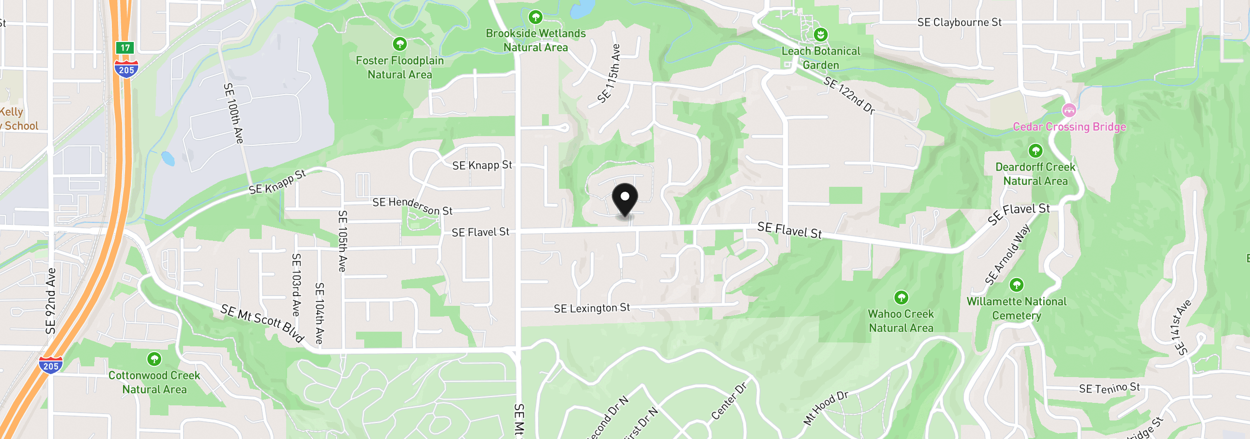 Map showing the location of 11545 SE Flavel St, Portland, OR 97266