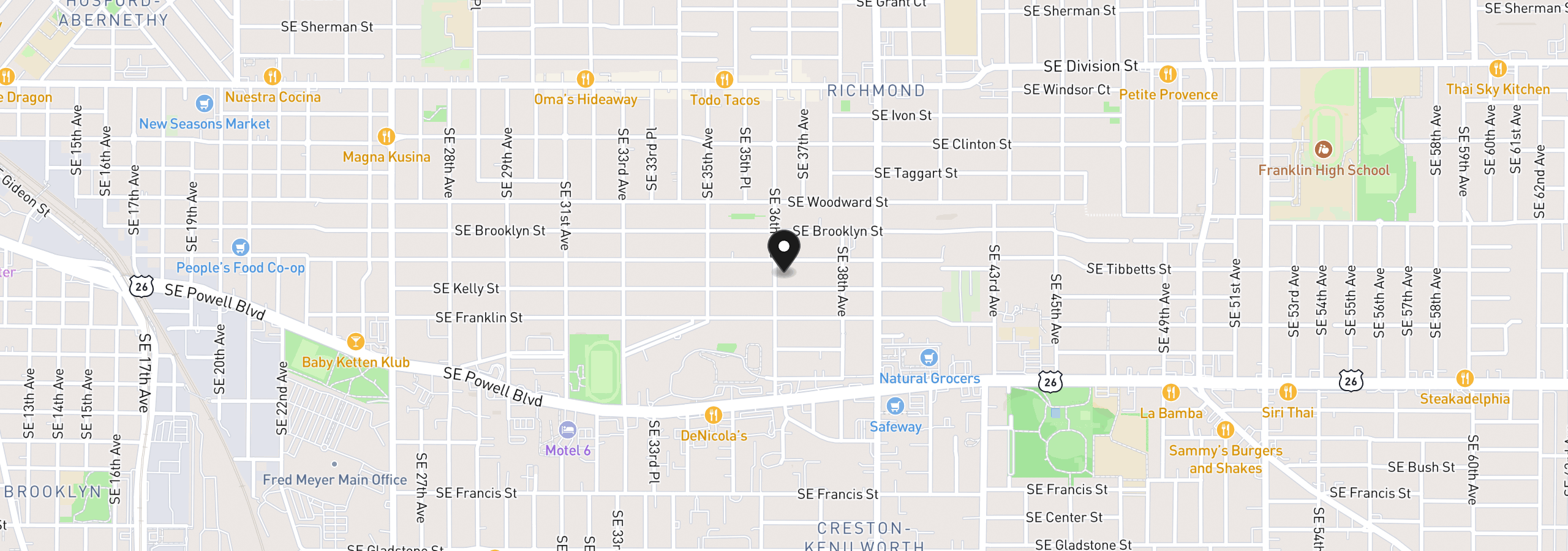 Map showing the location of 3126 SE 36th Ave, Portland, OR 97202