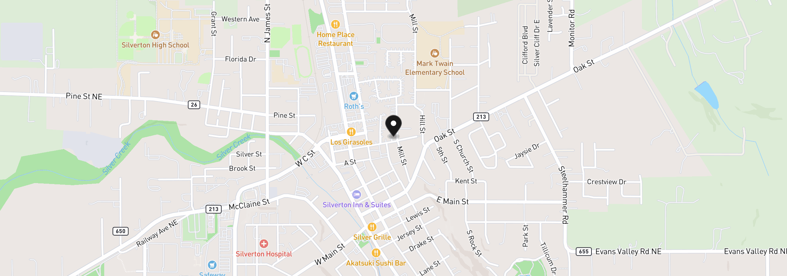 Map showing the location of 303 Mill St, Silverton, OR 97381