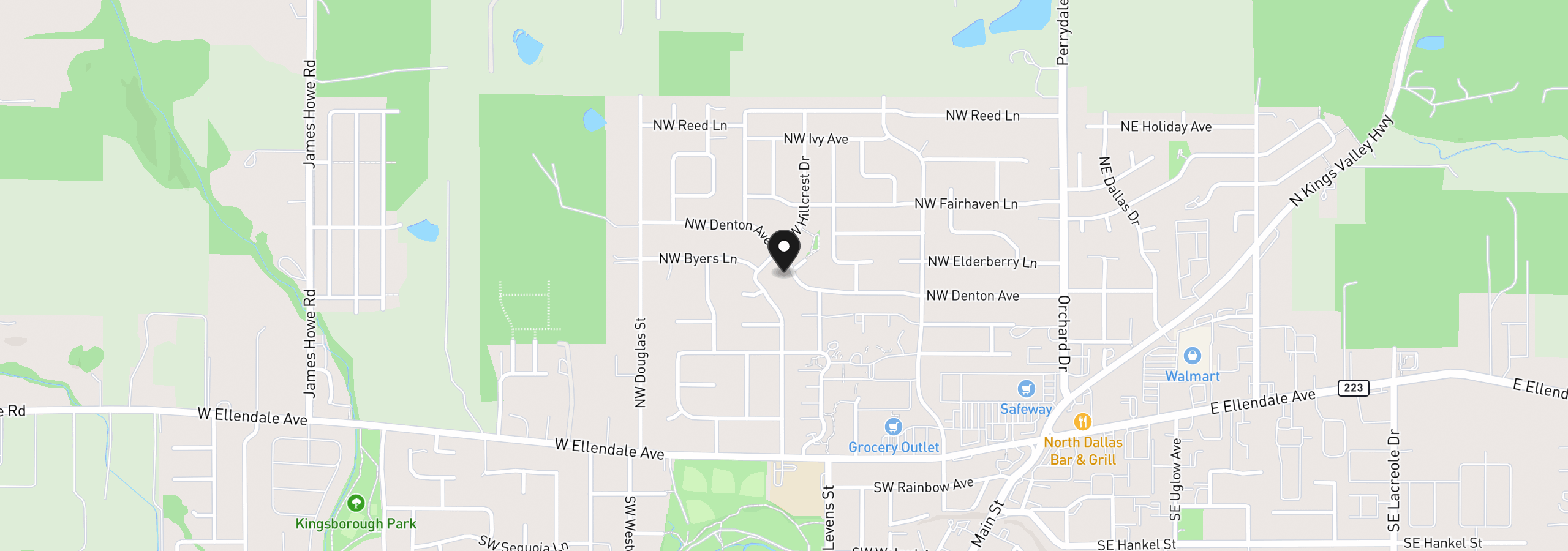 Map showing the location of 393 NW Denton Ave, Dallas, OR 97338