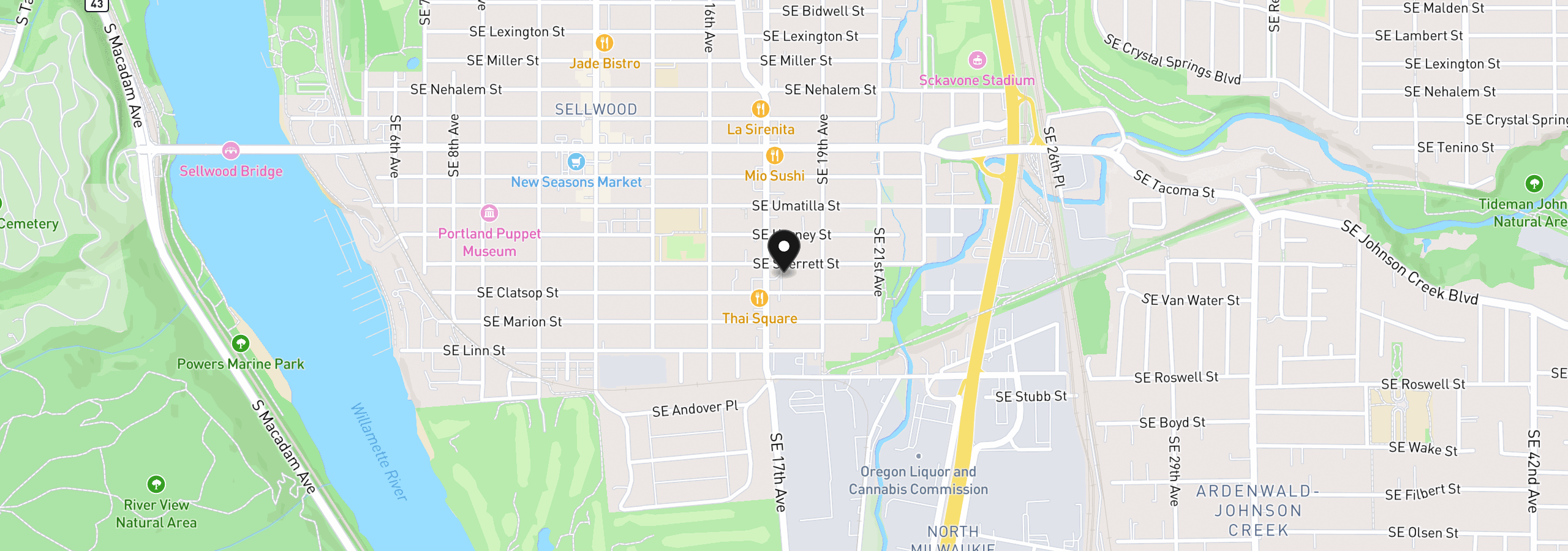 Map showing the location of 1724 SE Sherrett St, Portland, OR 97202