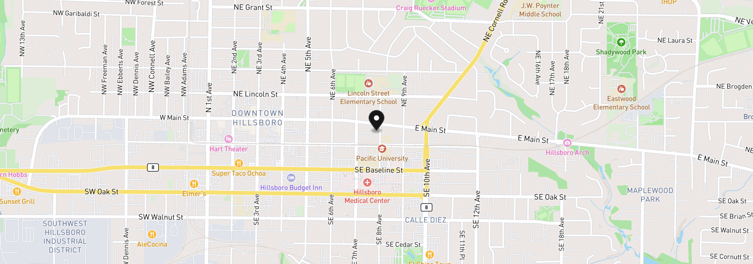 Map showing the location of 129 SE 8th Ave, Hillsboro, OR 97123