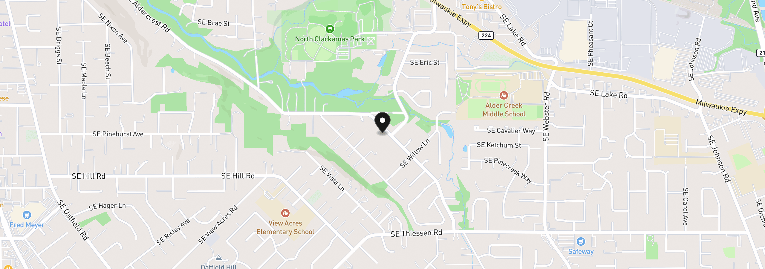 Map showing the location of 5620 SE Aldercrest Rd, Milwaukie, OR 97222