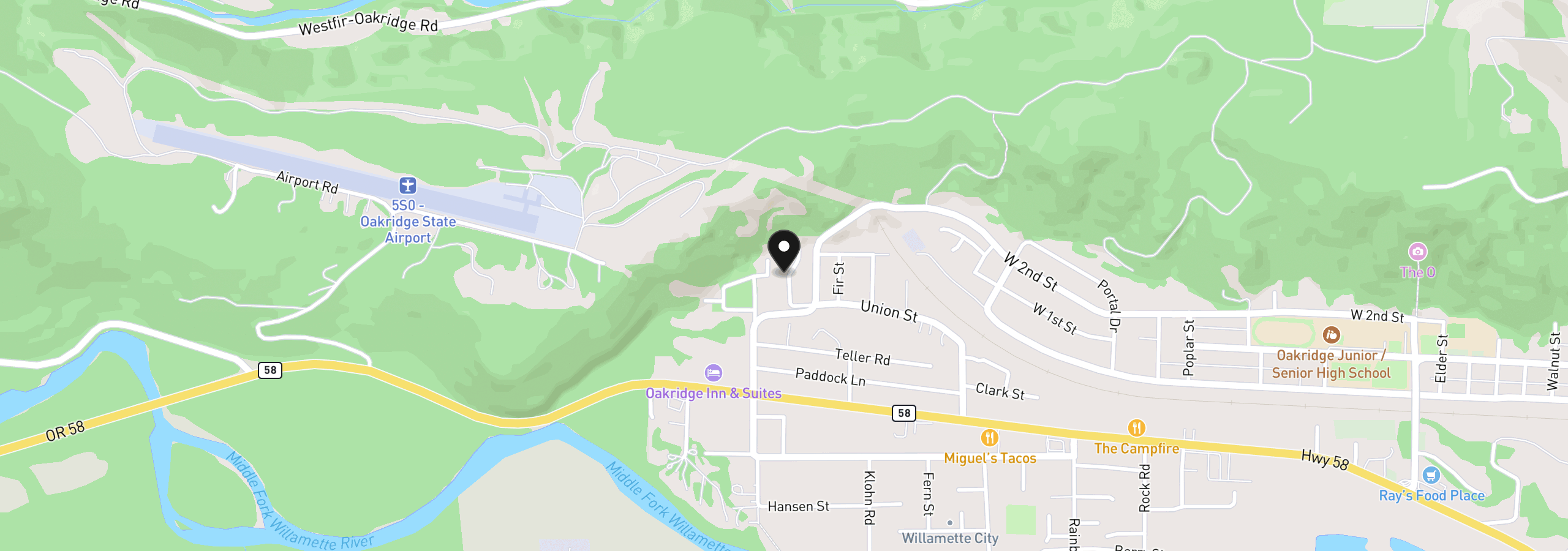 Map showing the location of 76566 Davis Rd, Oakridge, OR 97463