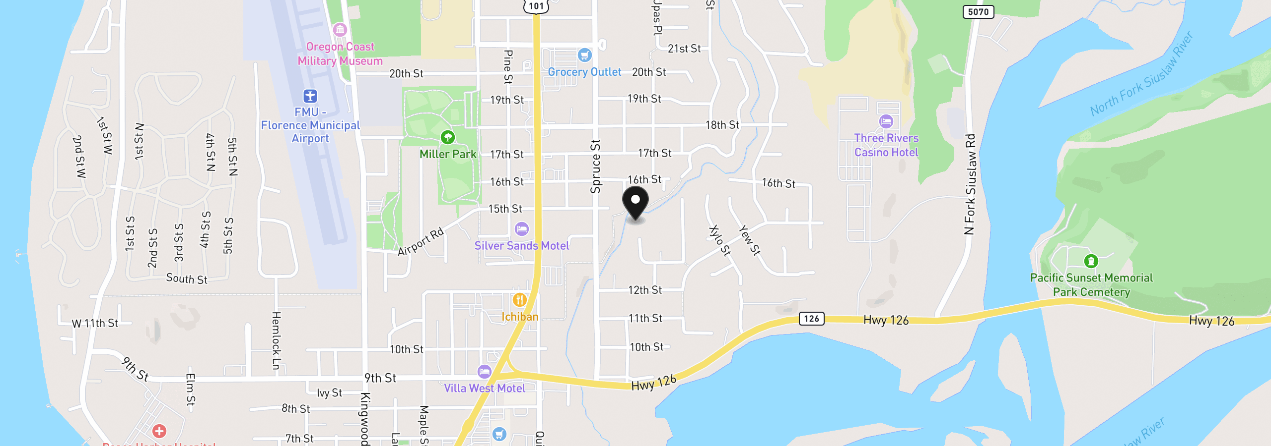Map showing the location of 2184 13th St, Florence, OR 97439