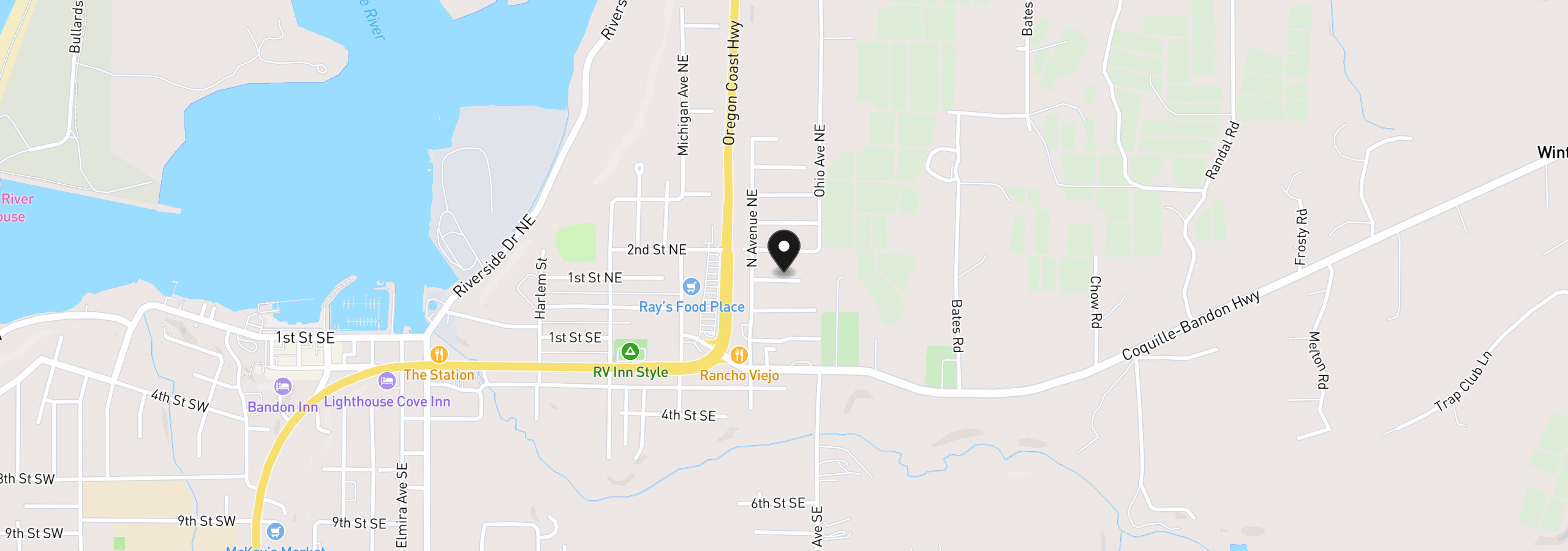 Map showing the location of 1135 1st St NE, Bandon, OR 97411