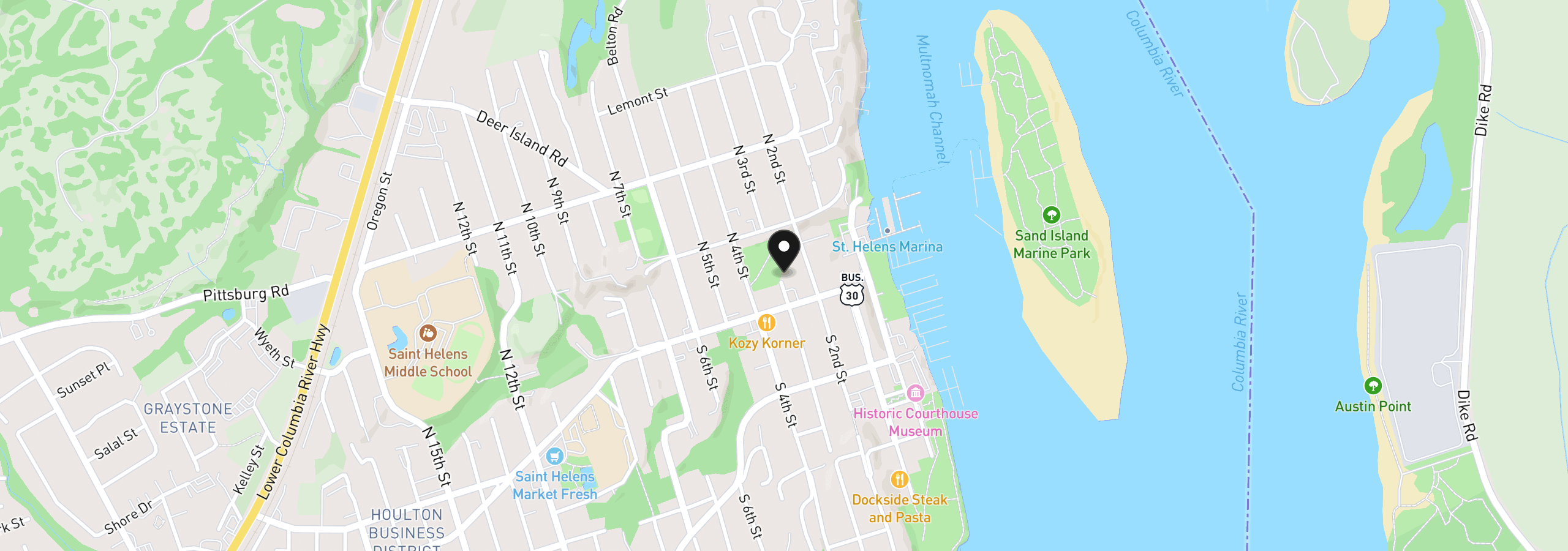 Map showing the location of 134 N 3rd St, St. Helens, OR 97051
