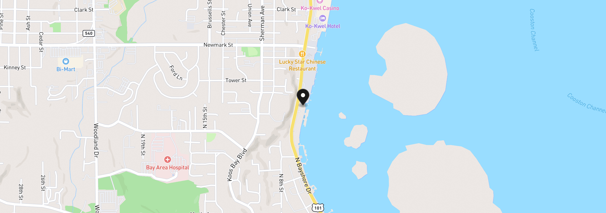 Map showing the location of 2580 N Bayshore Dr, Coos Bay, OR 97420