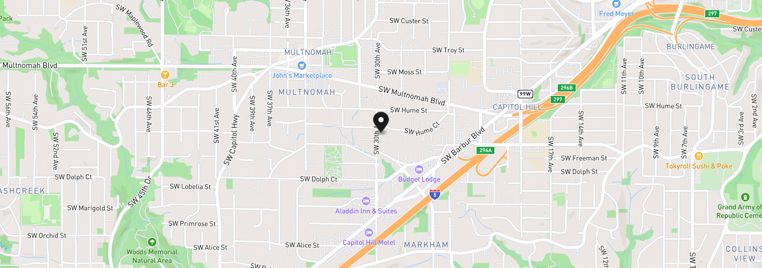 Map showing the location of 8412 SW 30th Ave, Portland, OR 97219